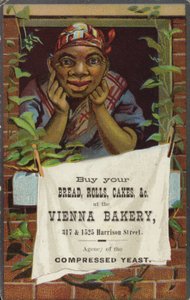 Dama en la ventana anunciando panadería de Viena