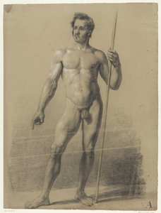 Desnudo masculino de pie con bastón, de frente