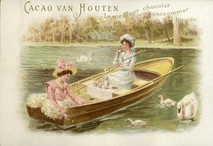 Mujeres en bote de remos, bebiendo chocolate