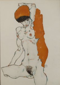 Desnudo femenino con tela rojo-naranja, 1914