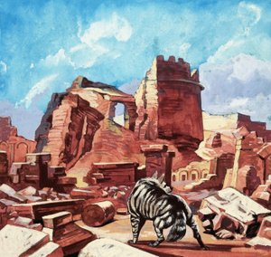 Perro salvaje entre las ruinas