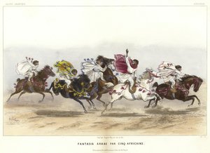 Cinco monos disfrazados a caballo