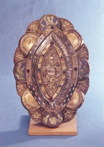 Relicario elíptico polilobulado (esmalte y cobre)