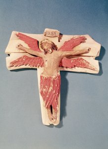 Cristo alado en la cruz (piedra policromada)