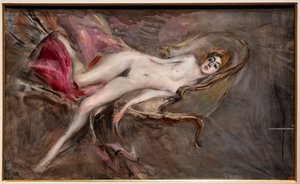 Mujer desnuda sobre almohadas rosas