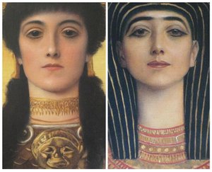 Grecia antigua y Egipto antiguo, detalle de las cabezas de Atenea e Isis