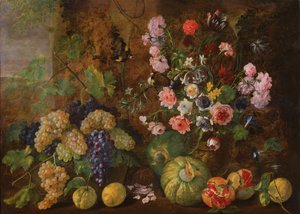 Naturaleza muerta de frutas y flores