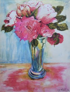 Rosas rosas en un vaso azul, 2000