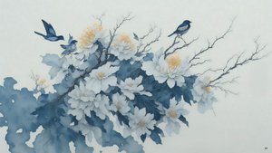 pintura a tinta: flor de crisantemo en azul_02