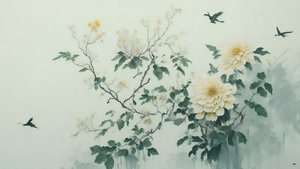 pintura a tinta: flor de crisantemo en verde_01