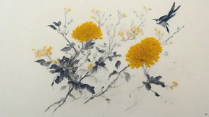 pintura a tinta: flor de crisantemo en amarillo_01