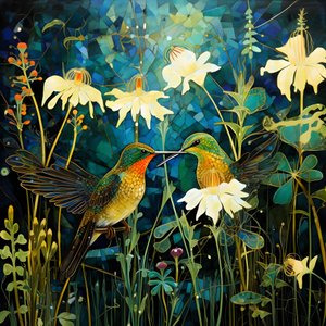 Colibríes y una rana en el bosque 4