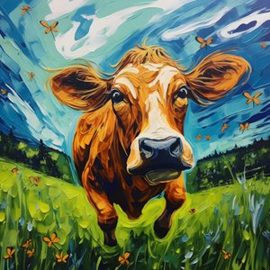 Vaca volando sobre un prado verde 2