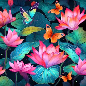 Patrón sin fisuras de flores de loto y mariposas 2