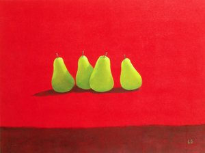 Peras sobre tela roja