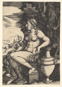 Desnudo sentado junto a un jarrón