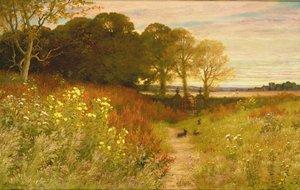 Paisaje con flores silvestres y conejos