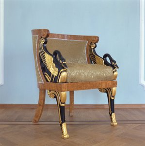 Sillón (madera dorada, chapa de castaño y textil)