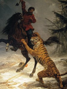 Tigre siberiano atacando a un cosaco