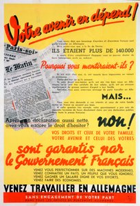 Póster de trabajadores franceses para Alemania, c1942-c1944