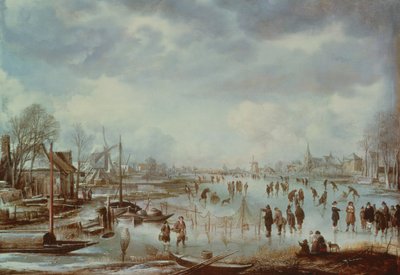 Escena de invierno con figuras patinando de Aert van der Neer