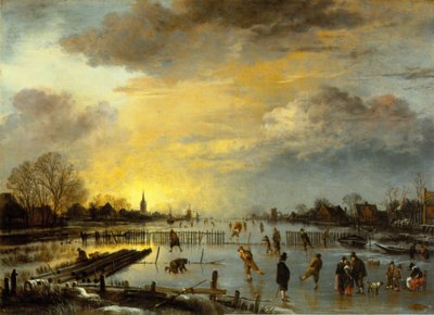 Paisaje invernal con patinadores de Aert van der Neer