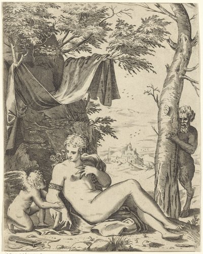 Venus, Amor en sater de Agostino Carracci (attributed to)