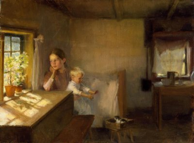 Mujer con niño en interior soleado de Albert Gustaf Aristides Edelfelt