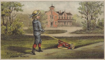 Muchacho cortando el césped fuera de la casa de campo (chromolitho) de American School