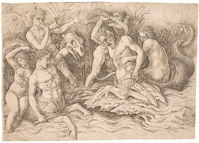 La lucha de los dioses del mar, mitad derecha de Andrea Mantegna