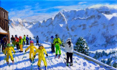 Jóvenes esquiadores en amarillo, Val Gardena, Italia. 12x20 de Andrew Macara