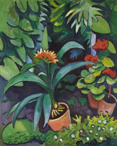 Flores en el jardín, clivia y pelargonium. de August Macke