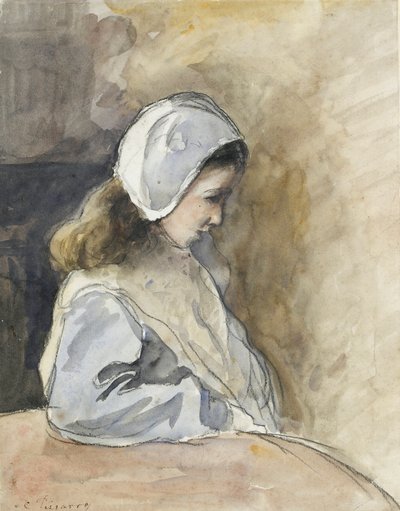 Jeanne-Rachel Pissarro sentada en una mesa, c. 1872 de Camille Pissarro