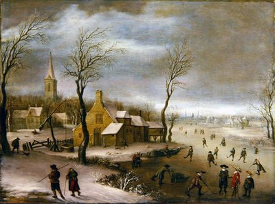 Un paisaje invernal con jugadores de kolf de Dutch School