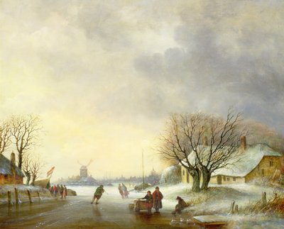 Escena de invierno con un molino de viento de Dutch School