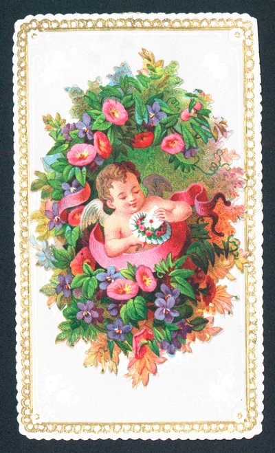Querubín sentado en flores, tarjeta de Navidad de English School