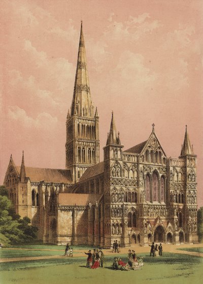 Catedral de Salisbury, Wiltshire (litografía en color) de English School