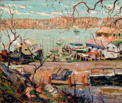 Escena del río: barcos y casas de Ernest Lawson