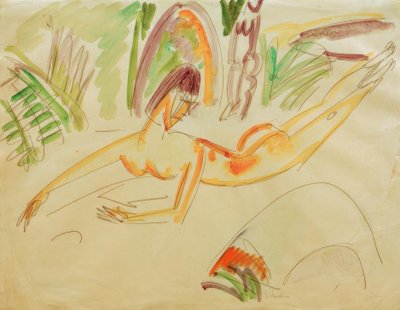 Desnudo femenino acostado en la playa de Fehmarn de Ernst Ludwig Kirchner