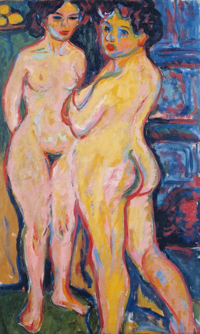 Desnudos de pie junto a la estufa, 1908 de Ernst Ludwig Kirchner