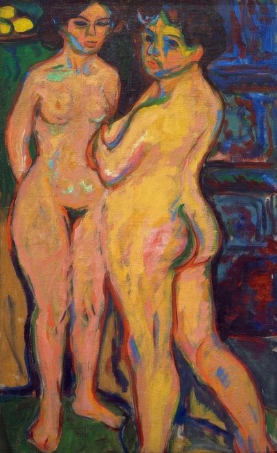 Niñas desnudas de pie junto al horno de Ernst Ludwig Kirchner