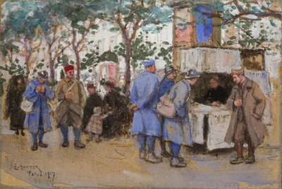 Soldados en un quiosco de noticias, París, 1917 de Ethel Hunter