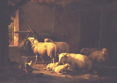 Ovejas y aves de corral en un granero de Eugene Joseph Verboeckhoven