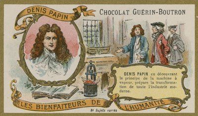 Tarjeta comercial de Chocolat Guerin-Boutron, Denis Papin de French School