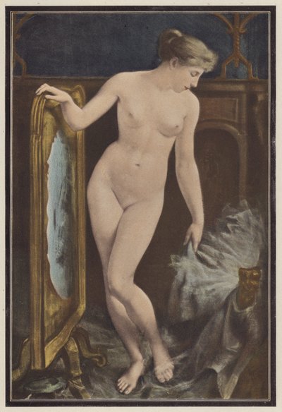 Mujer contemplando un tocado (litografia en color) de Georges Roussin