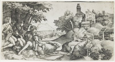 Pastores en un paisaje, c. 1517-1518 de Giulio Campagnola