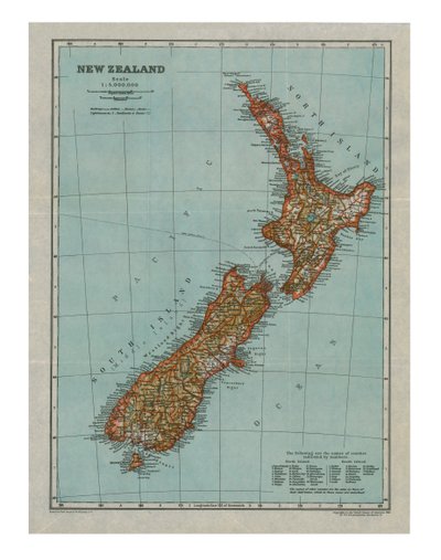 Mapa de Nueva Zelanda, c. 1910 de Gull Engraving Company