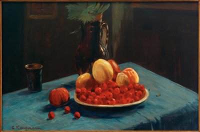 Naturaleza muerta con frutas sobre mantel azul de Gustav Kampmann