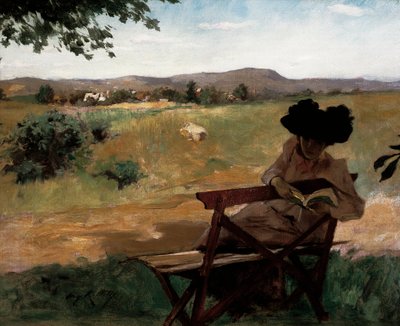 Mujer sentada en un banco leyendo de Irving Ramsay Wiles