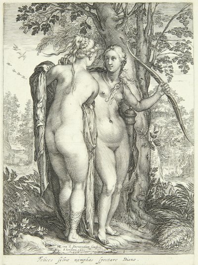 Diana y una ninfa junto a un árbol de Jan Saenredam